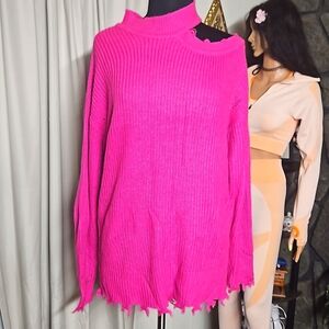 It's Fashions Hot Pink Cut-Out Shoulder Knitted Sweater